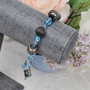 Aqua Beaded Bracelet with Silver toned  beads, purple and pearl